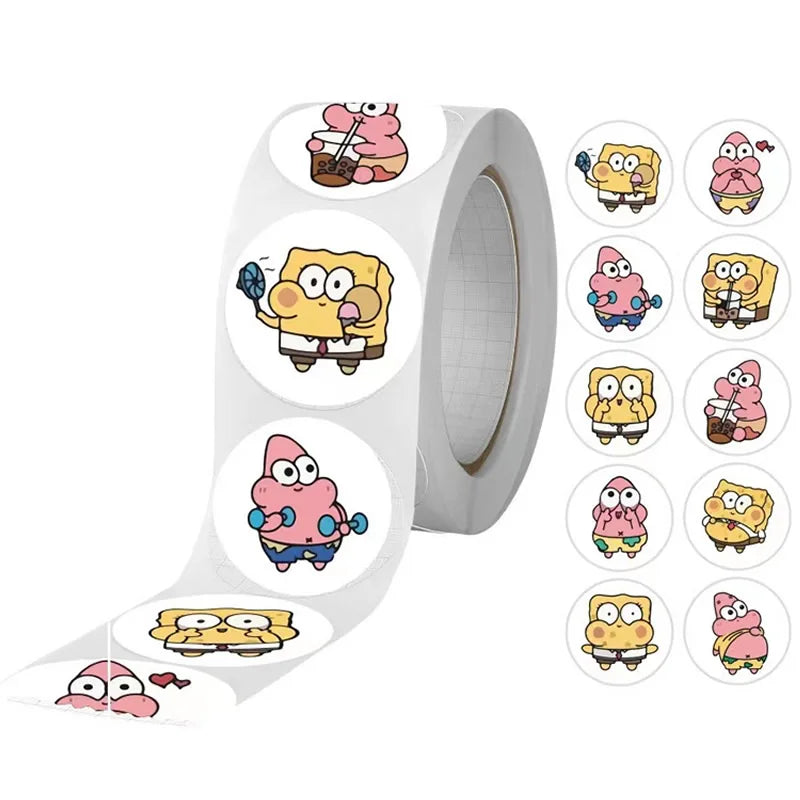 500PCS/Roll Kawaii SpongeBob Cartoon Anime Stickers - Image 3